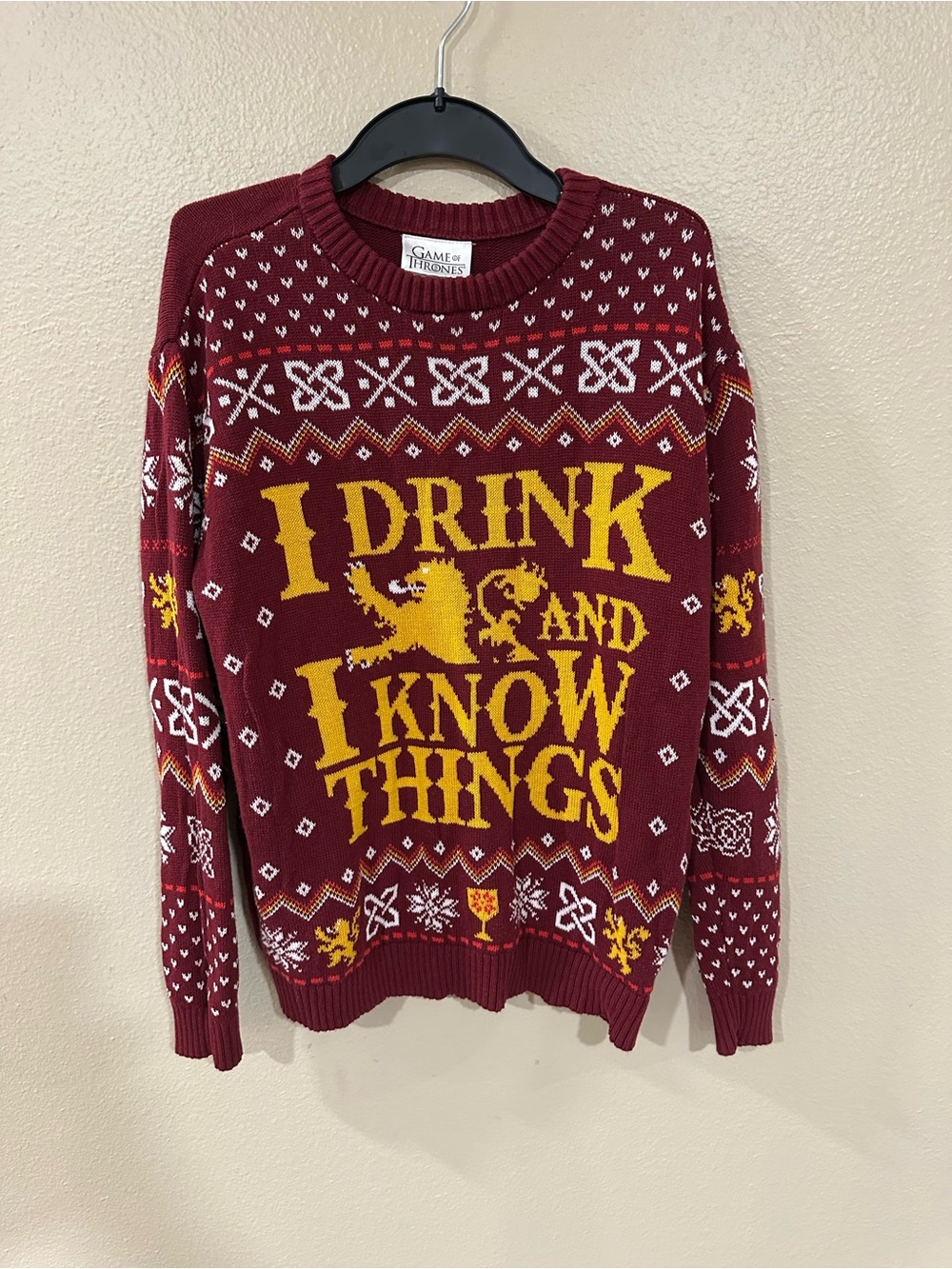 Game of Thrones- Men’s Burgundy Knit Sweater - I Drink and I Know Things
